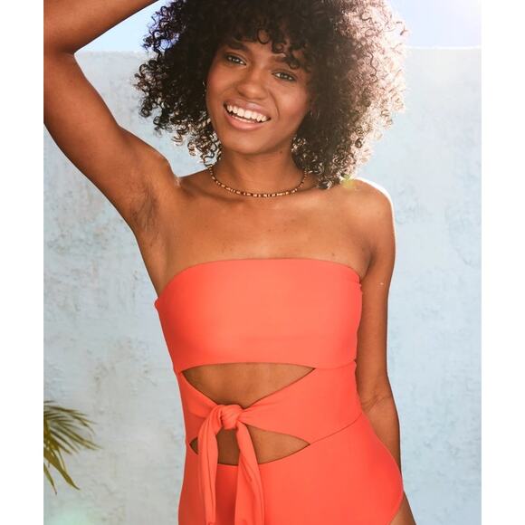 Aerie Coral Cut Out One Piece Swimsuit Tie Front Size XL Full Coverage - Picture 2 of 8